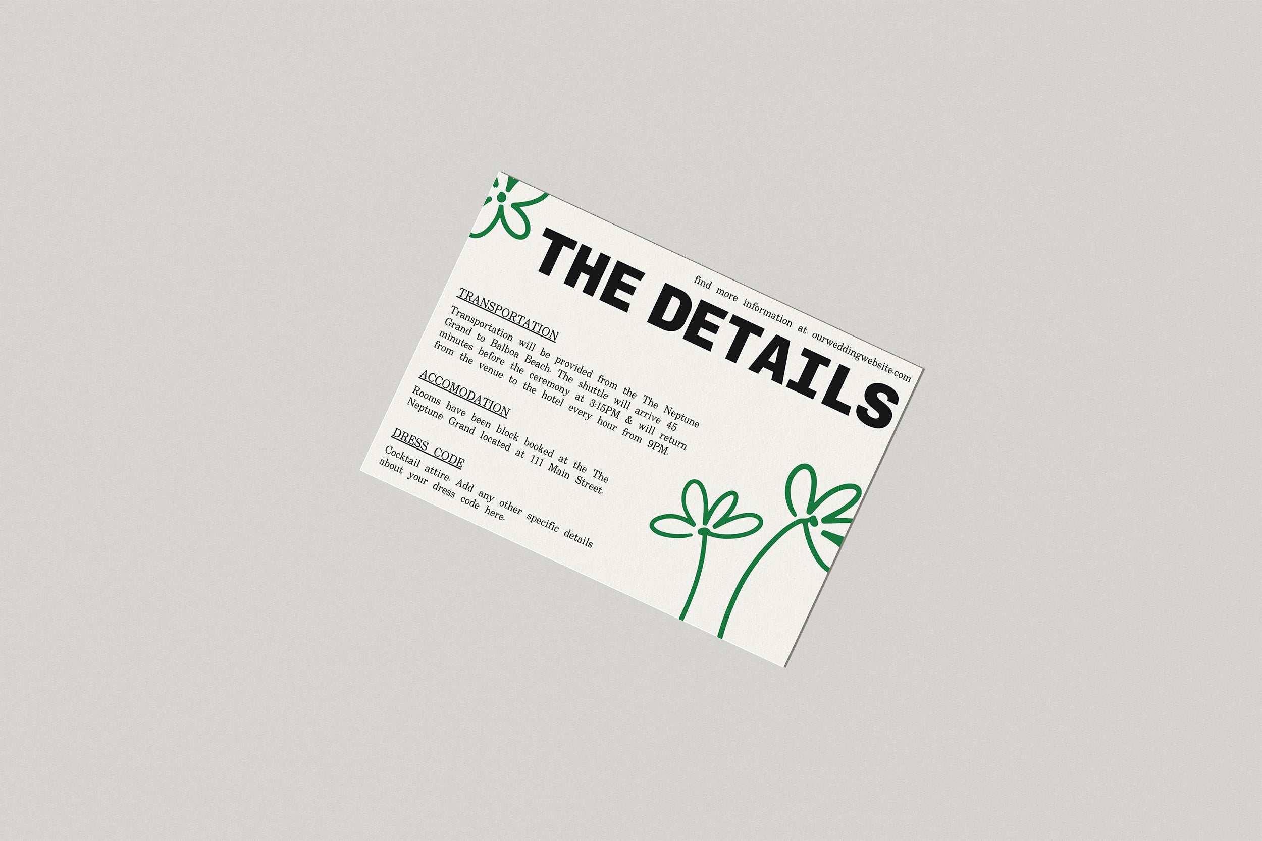 Flat lay of the save the details card design for the Splendid scribbles stationery collection