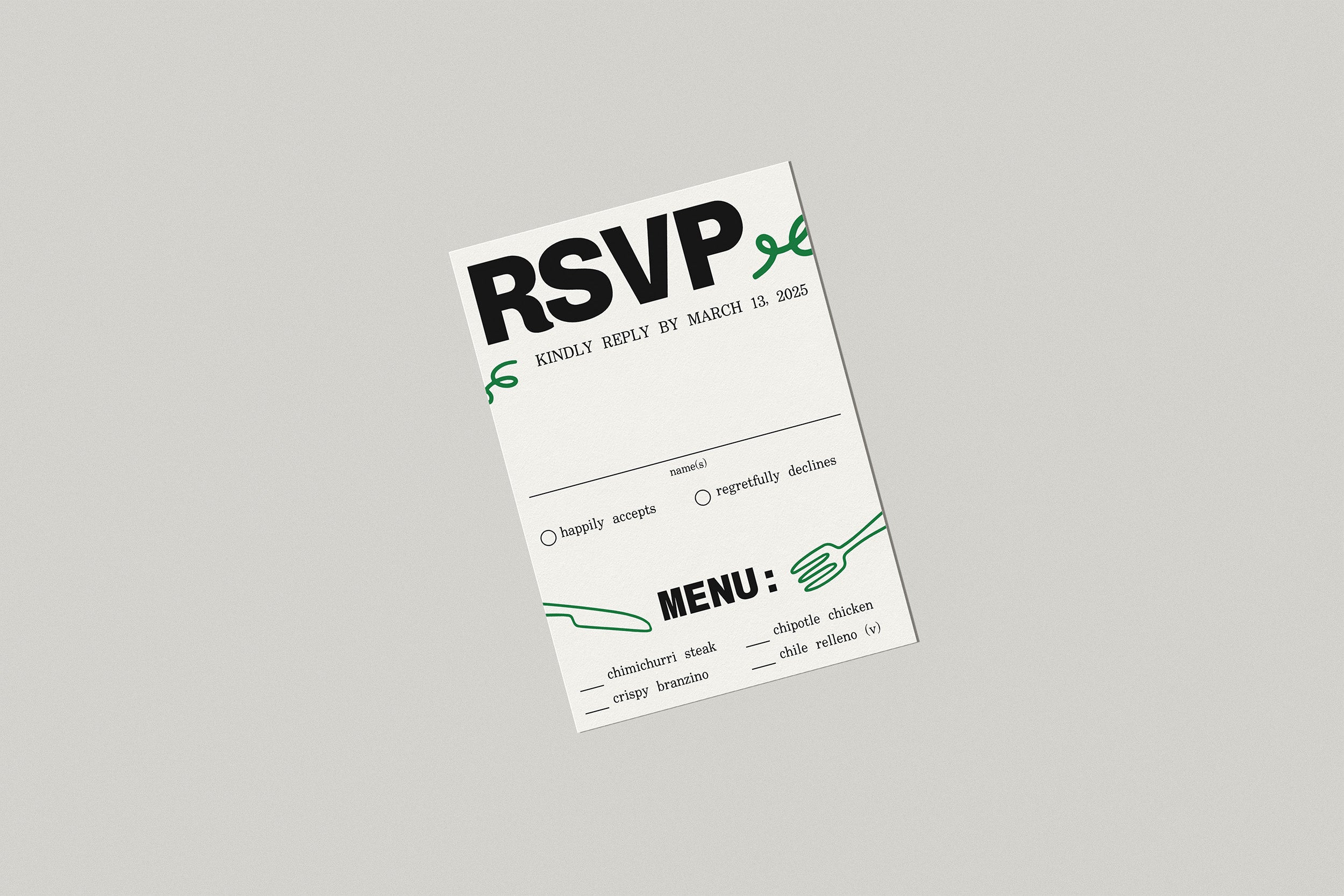 Flat lay of the responsecard design for the Splendid scribbles stationery collection